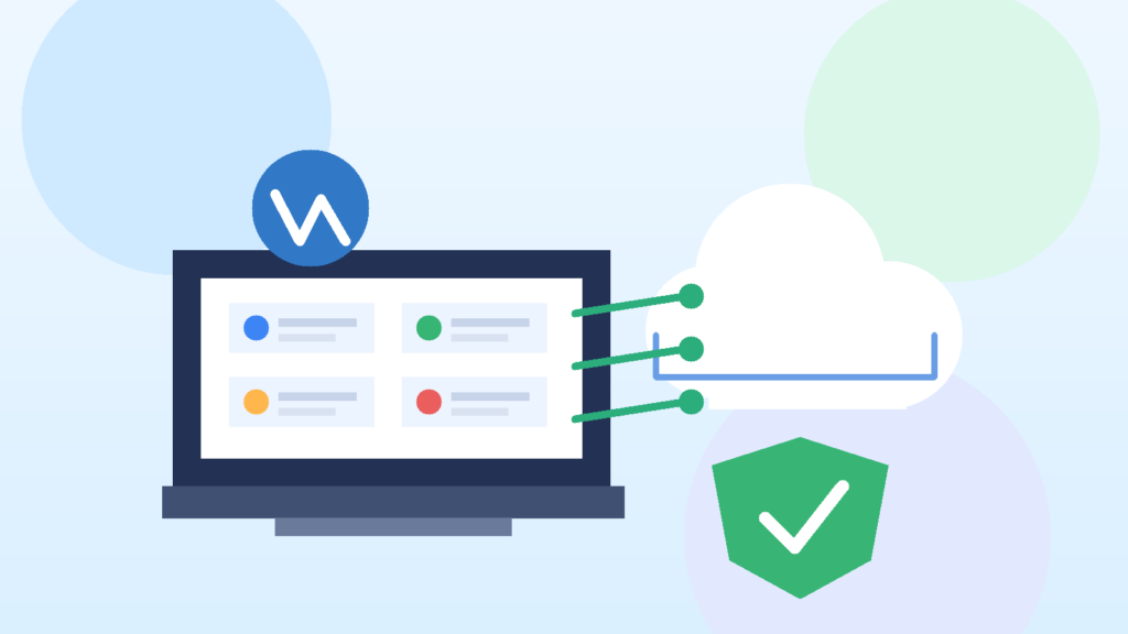 Ilustrasi tutorial backup otomatis WordPress ke Google Drive dengan ikon cloud, laptop, dan keamanan data