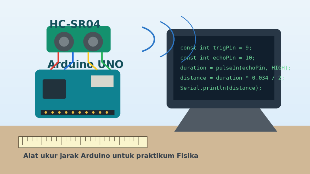 Ilustrasi Arduino UNO terhubung dengan sensor ultrasonik HC-SR04 untuk alat ukur jarak pada praktikum fisika
