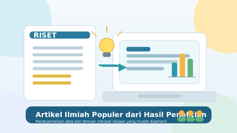 Ilustrasi proses mengubah laporan hasil penelitian menjadi artikel ilmiah populer yang mudah dipahami pembaca umum.