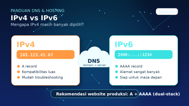 Ilustrasi perbandingan IPv4 dan IPv6 dalam konfigurasi DNS A record dan AAAA record untuk website.