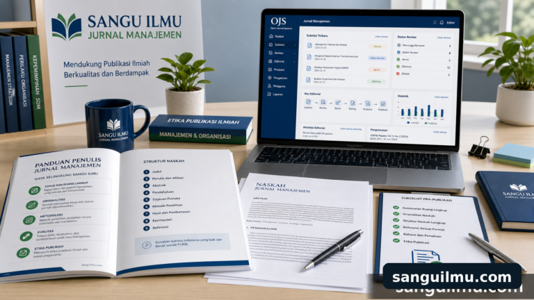 Ilustrasi panduan gaya selingkung jurnal ilmiah dan alur editorial OJS dengan watermark sanguilmu.com