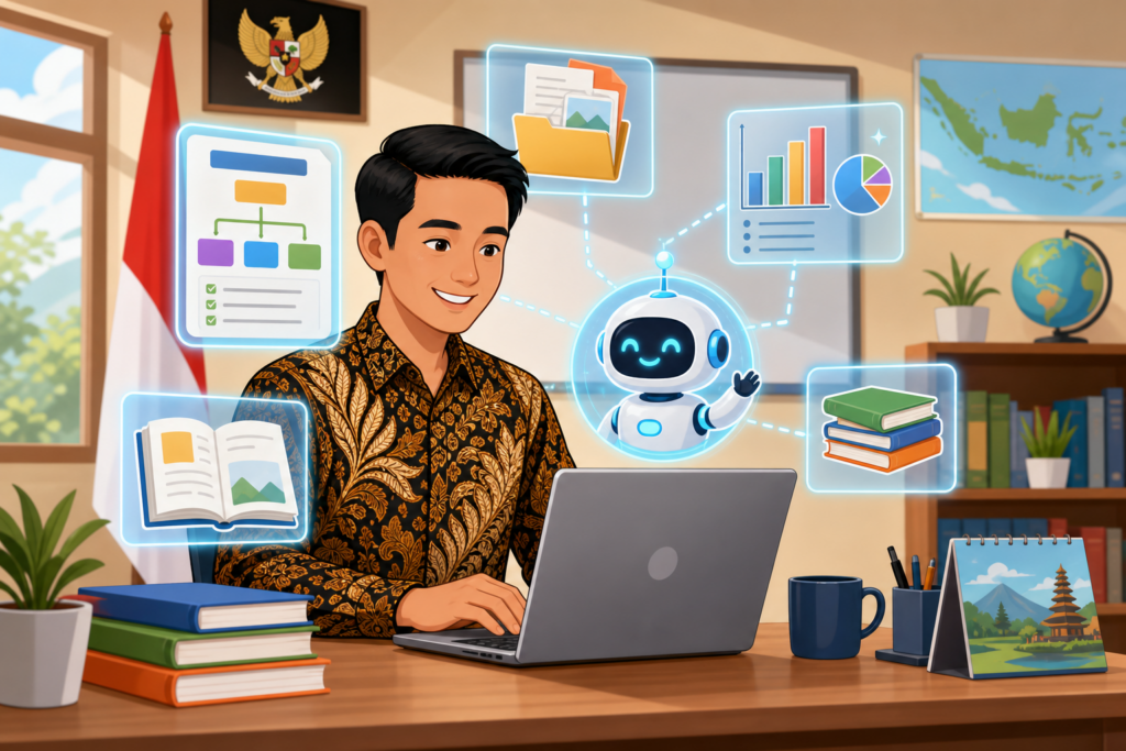 Ilustrasi guru menggunakan AI (kecerdasan buatan) untuk menyusun RPP dan materi ajar di laptop dengan bantuan asisten digital