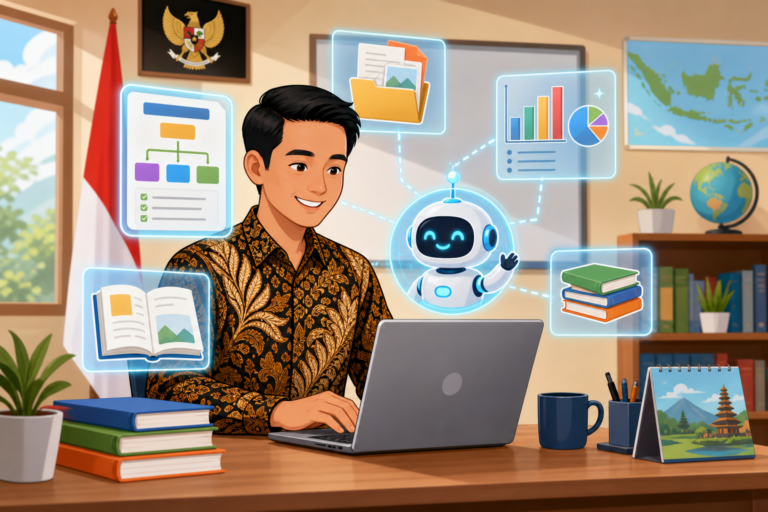 Ilustrasi guru menggunakan AI (kecerdasan buatan) untuk menyusun RPP dan materi ajar di laptop dengan bantuan asisten digital