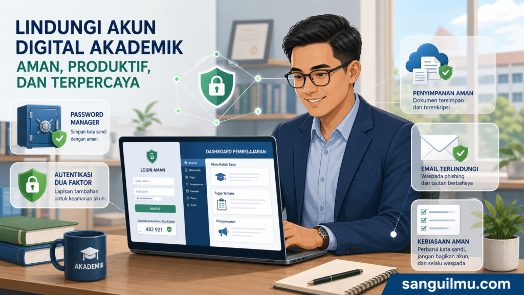 Ilustrasi keamanan akun digital akademik dengan autentikasi dua faktor, password manager, dan perlindungan data kampus