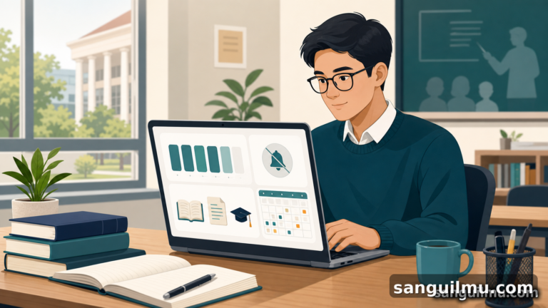 Ilustrasi mode fokus digital untuk mengatur notifikasi agar belajar dan kerja akademik lebih tenang, dengan watermark sanguilmu.com