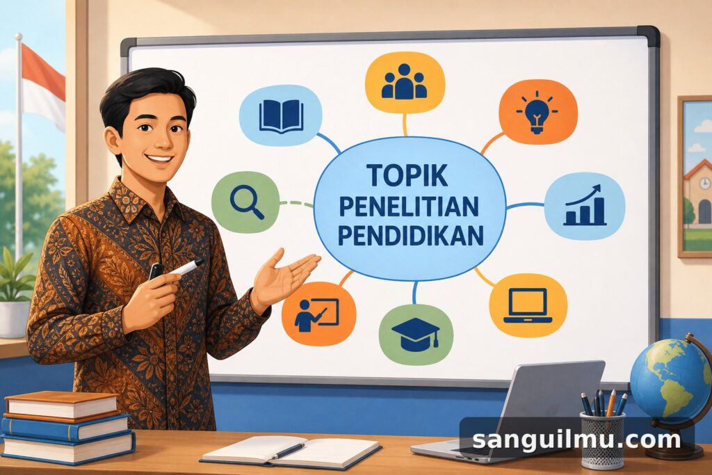 Ilustrasi artikel panduan memilih topik penelitian pendidikan, dengan watermark sanguilmu.com