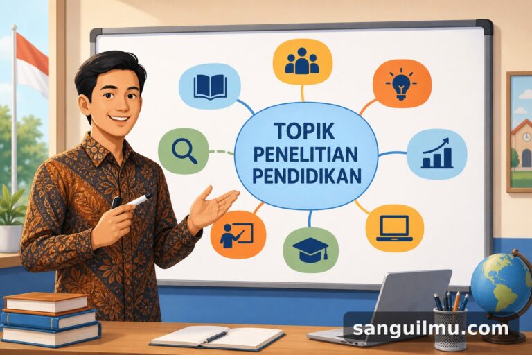 Ilustrasi artikel panduan memilih topik penelitian pendidikan, dengan watermark sanguilmu.com