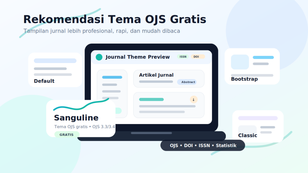 Ilustrasi rekomendasi tema OJS gratis dengan Sanguline untuk tampilan jurnal profesional