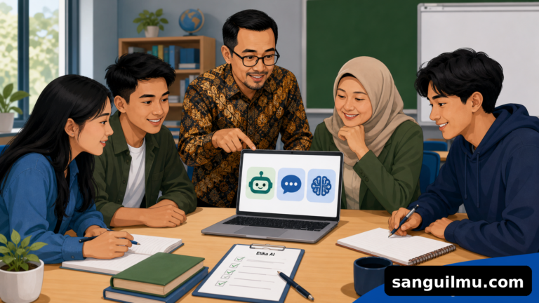 Ilustrasi dosen, guru, dan mahasiswa menyusun kebijakan penggunaan AI di kelas dengan watermark sanguilmu.com