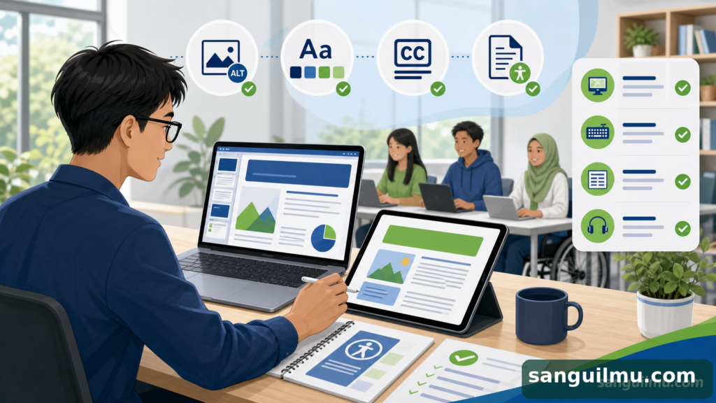 Ilustrasi aksesibilitas materi digital untuk pembelajaran dengan watermark sanguilmu.com