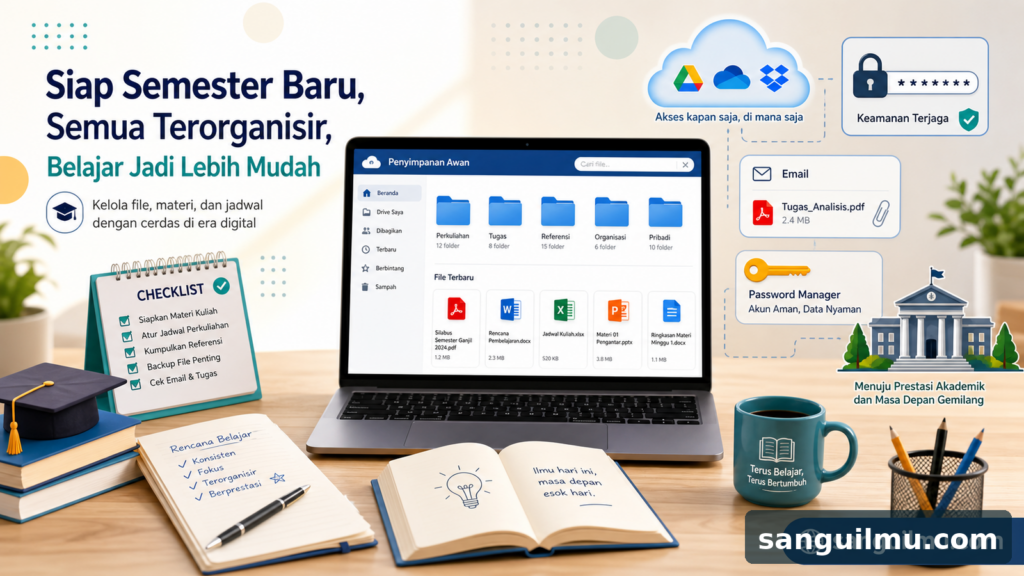 Ilustrasi berbenah digital awal semester dengan folder cloud, email, checklist, dan watermark sanguilmu.com