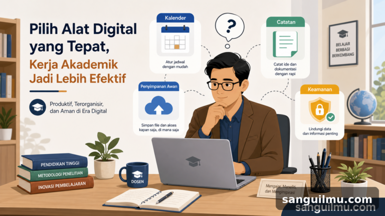 Ilustrasi dosen atau guru memilih aplikasi produktivitas digital yang sederhana, aman, dan mudah dirawat dengan watermark sanguilmu.com