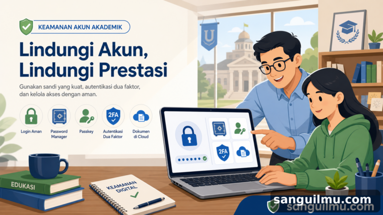 Ilustrasi pengamanan akun akademik dengan password manager, passkey, dan autentikasi dua faktor ber-watermark sanguilmu.com