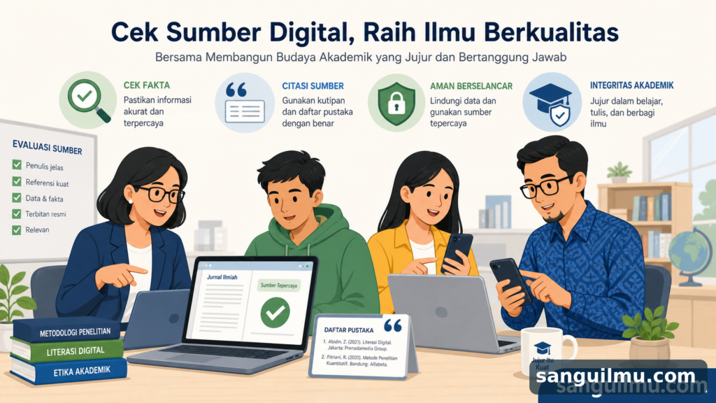 Ilustrasi verifikasi informasi digital untuk kegiatan akademik dengan watermark sanguilmu.com