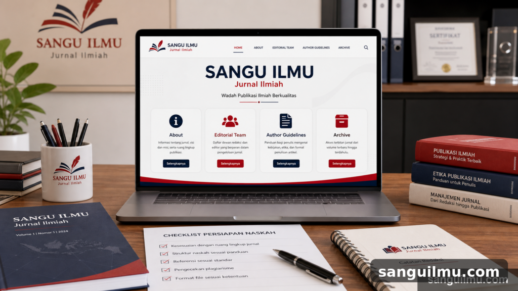 Ilustrasi halaman profil jurnal ilmiah yang rapi dan meyakinkan dengan watermark sanguilmu.com