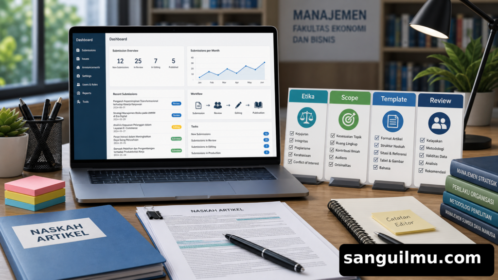 Ilustrasi meja redaksi jurnal ilmiah dengan dashboard OJS, checklist kebijakan editorial, dan watermark sanguilmu.com