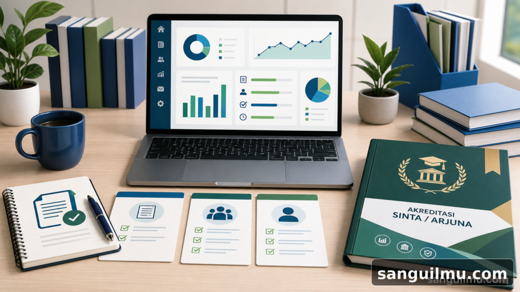 Ilustrasi dashboard pengelolaan jurnal OJS dengan checklist triase naskah dan watermark sanguilmu.com