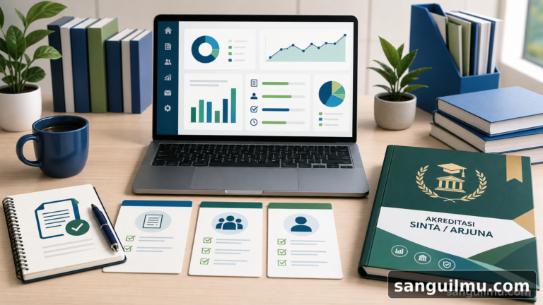 Ilustrasi dashboard pengelolaan jurnal OJS dengan checklist triase naskah dan watermark sanguilmu.com