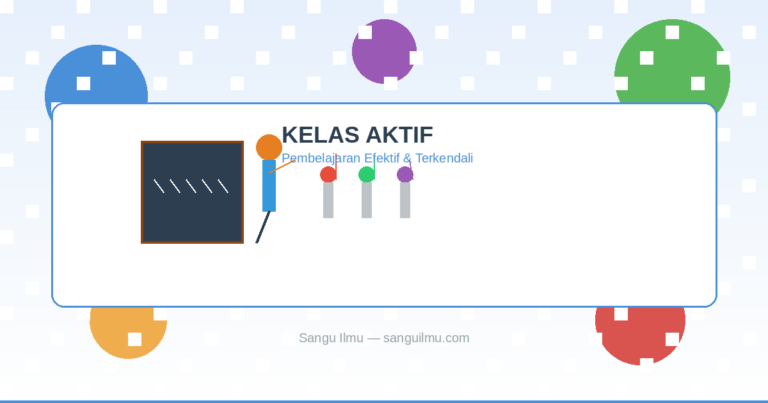Ilustrasi ruang kelas aktif dengan guru dan siswa, pembelajaran interaktif dan menyenangkan - Sangu Ilmu