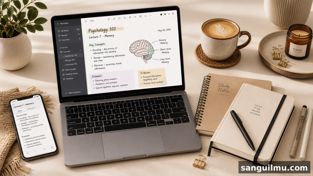 Ilustrasi catatan digital untuk perkuliahan dan riset akademik - laptop dan smartphone dengan aplikasi catatan