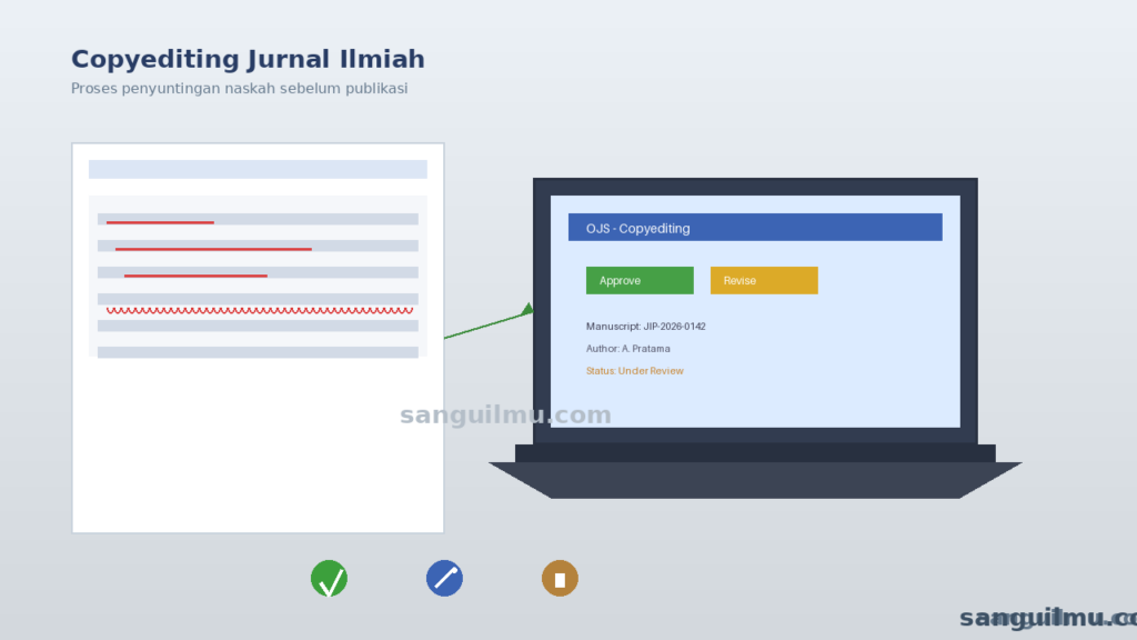 Ilustrasi proses copyediting naskah jurnal ilmiah di OJS, dengan dokumen yang disunting dan tampilan layar komputer
