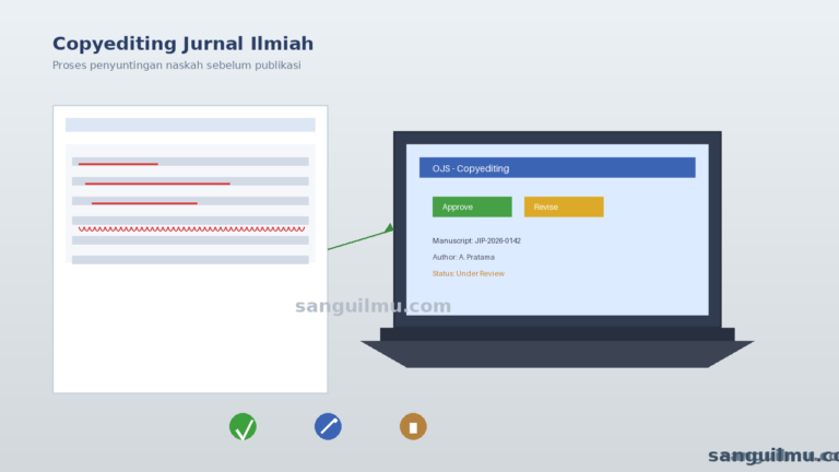 Ilustrasi proses copyediting naskah jurnal ilmiah di OJS, dengan dokumen yang disunting dan tampilan layar komputer