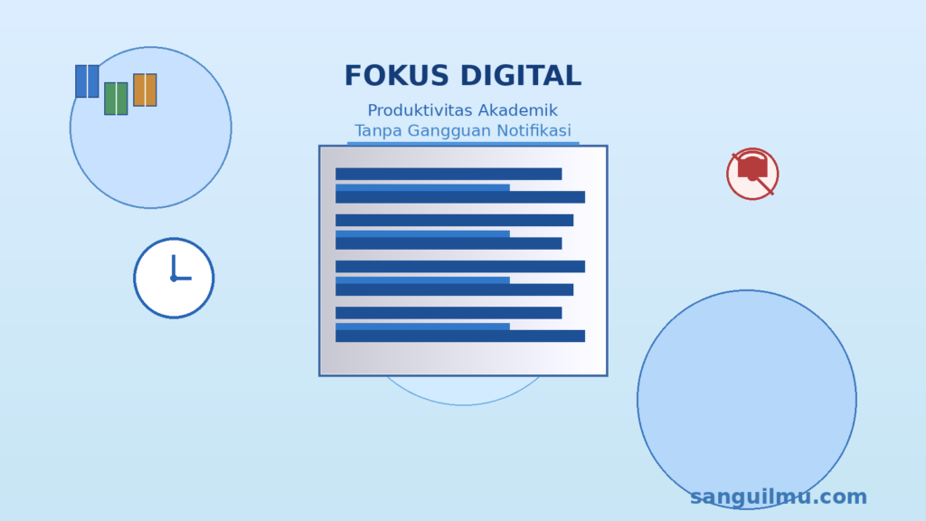 Ilustrasi laptop dengan jam fokus dan notifikasi bisu melambangkan produktivitas digital untuk dosen dan mahasiswa