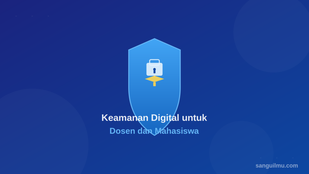 Ilustrasi keamanan digital untuk dosen dan mahasiswa dengan ikon perisai gembok dan topi toga