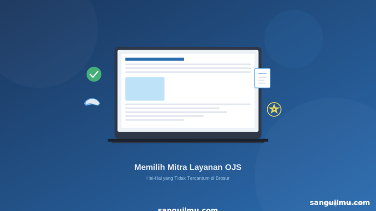Ilustrasi memilih mitra layanan OJS untuk jurnal ilmiah - laptop dengan dokumen dan sertifikat mengambang