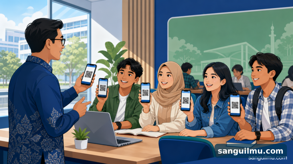 Ilustrasi penggunaan QR Code untuk akses materi kelas dan kegiatan kampus dengan watermark sanguilmu.com