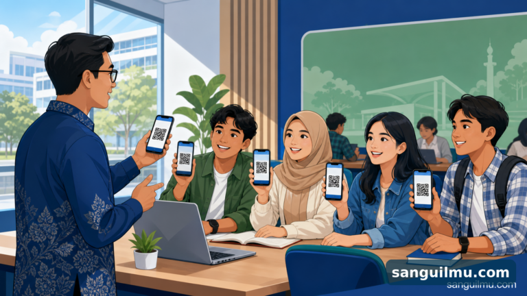 Ilustrasi penggunaan QR Code untuk akses materi kelas dan kegiatan kampus dengan watermark sanguilmu.com