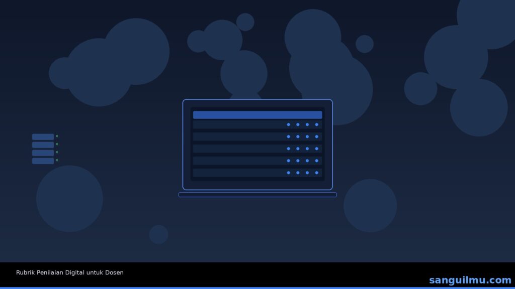 Ilustrasi rubrik penilaian digital pada layar laptop untuk dosen menilai tugas mahasiswa secara efisien dan transparan