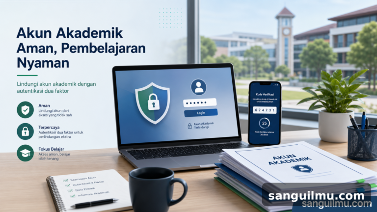 Ilustrasi keamanan akun akademik dengan autentikasi dua faktor dan watermark sanguilmu.com