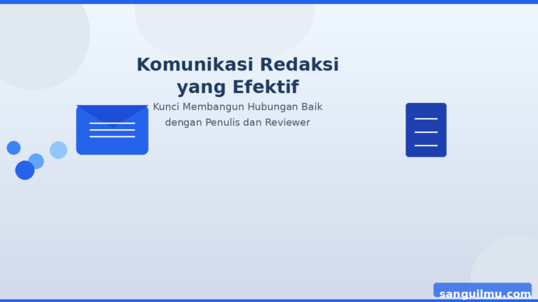 Ilustrasi komunikasi redaksi antara editor, penulis, dan reviewer jurnal ilmiah dengan latar biru profesional