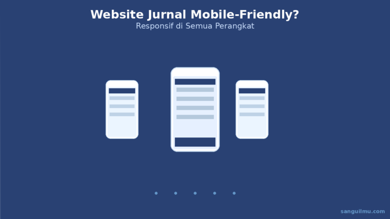 Ilustrasi website jurnal ilmiah yang tampil responsif di smartphone dengan watermark sanguilmu.com