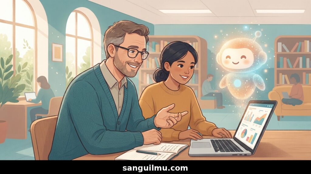 Ilustrasi seorang dosen dan mahasiswa di depan laptop, dengan asisten kecerdasan buatan (AI) bercahaya di samping layar, suasana perpustakaan yang hangat