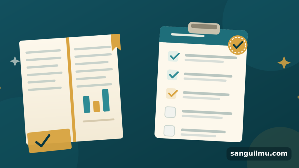 Ilustrasi clipboard berisi daftar periksa kesiapan akreditasi jurnal ilmiah dengan tanda centang dan stempel, bergaya flat design profesional