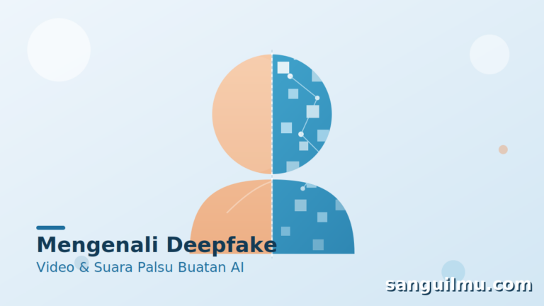 Ilustrasi wajah manusia terbelah dua: separuh tampak nyata dan separuh berupa piksel serta garis digital, menggambarkan video dan suara palsu buatan AI (deepfake) yang semakin sulit dibedakan dari aslinya.