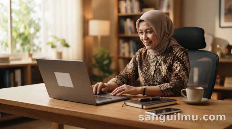 Ilustrasi dosen atau mahasiswa menulis email profesional di depan laptop dengan suasana ruang belajar yang tenang
