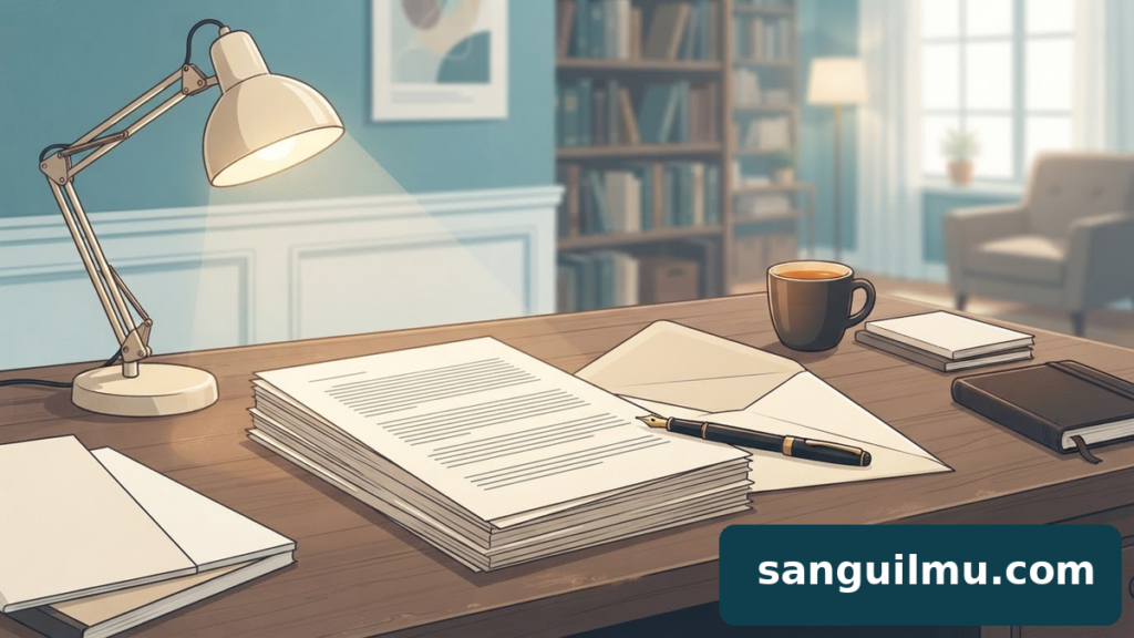 Ilustrasi meja editor jurnal dengan naskah dan surat keputusan, ber-watermark sanguilmu.com