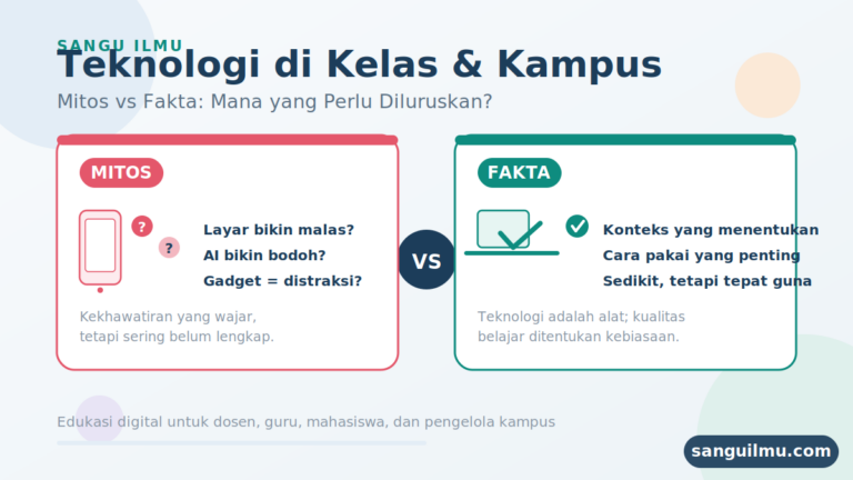 Ilustrasi mitos versus fakta teknologi di kelas dan kampus: smartphone, laptop, tanda tanya, dan centang, dengan watermark sanguilmu.com