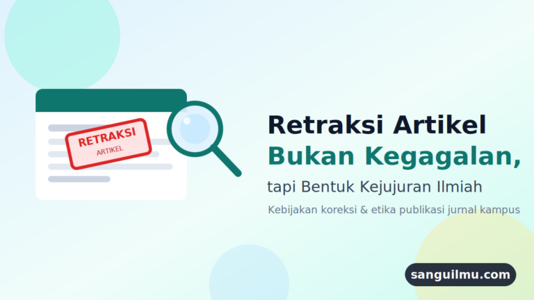 Ilustrasi editorial kebijakan retraksi artikel jurnal ilmiah: dokumen dengan stempel retraksi dan kaca pembesar, watermark sanguilmu.com