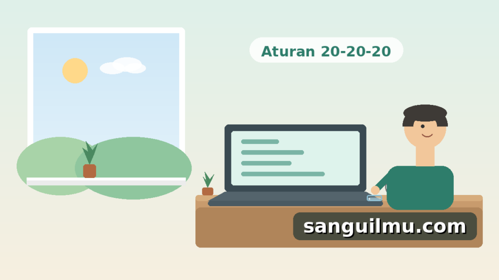 Ilustrasi dosen beristirahat sejenak dari layar laptop mengikuti aturan 20-20-20, dengan jendela, jam, dan gelas air di meja kerja.