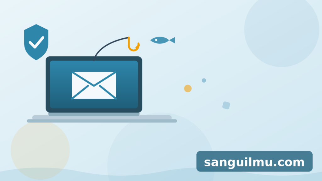 Ilustrasi laptop dengan pesan email dan kail pancing sebagai metafora phishing, pesan palsu yang menyamar sebagai lembaga resmi