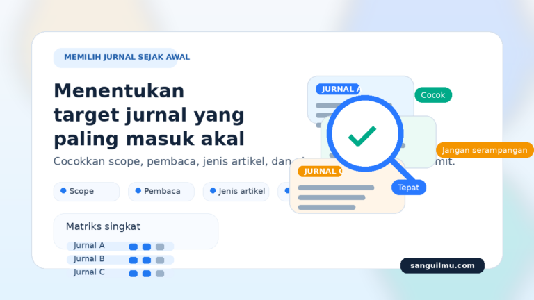 Ilustrasi penulis memilih jurnal yang paling cocok dengan ceklis scope, pembaca, jenis artikel, dan alur editorial.