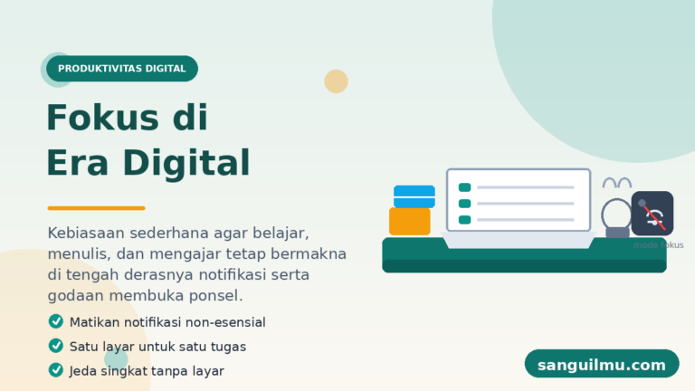 Ilustrasi editorial seorang akademisi fokus bekerja di meja dengan laptop, tumpukan buku, dan ponsel yang notifikasinya dimatikan, dengan watermark sanguilmu.com