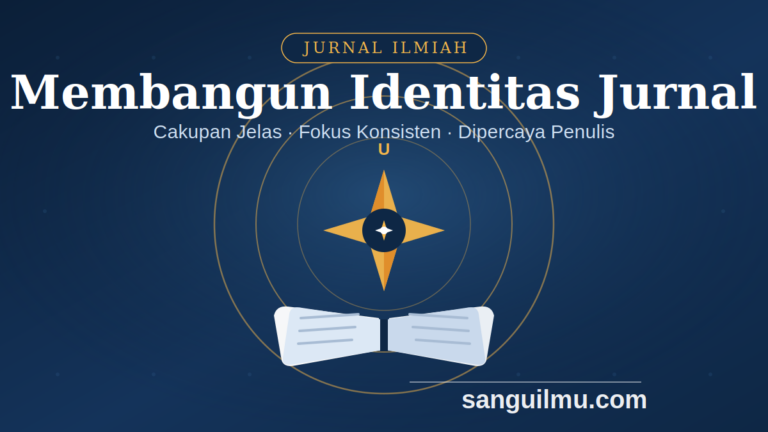 Ilustrasi editorial konsep identitas jurnal ilmiah: buku jurnal terbuka dengan kompas dan lingkaran fokus cakupan, palet biru navy dan emas, dengan watermark sanguilmu.com