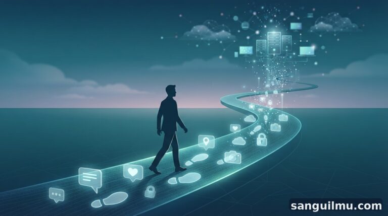 Ilustrasi jejak digital: sosok yang berjalan meninggalkan tapak digital yang bercahaya di dunia internet
