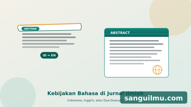 Ilustrasi kebijakan bahasa di jurnal ilmiah: dokumen abstrak bahasa Indonesia dan Inggris, dengan ikon ID-EN dan globe, ber-watermark sanguilmu.com