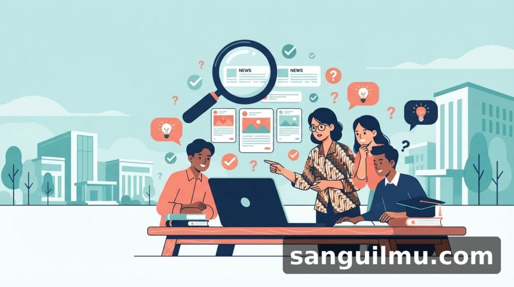 Ilustrasi literasi informasi: mahasiswa dan dosen memverifikasi berita sebelum mempercayai dan membagikannya